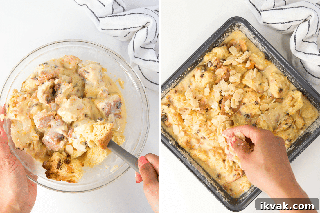 Decadent Panettone Bread Pudding Recipe for Holiday Brunch 6 collage of two images showing how to mix the panettone with the custard and the bread pudding in a square baking dish before baking