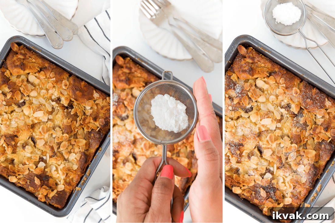 Decadent Panettone Bread Pudding Recipe for Holiday Brunch 7 collage of three images showing the baked panettone bread pudding and it being sprinkled with powdered sugar from above