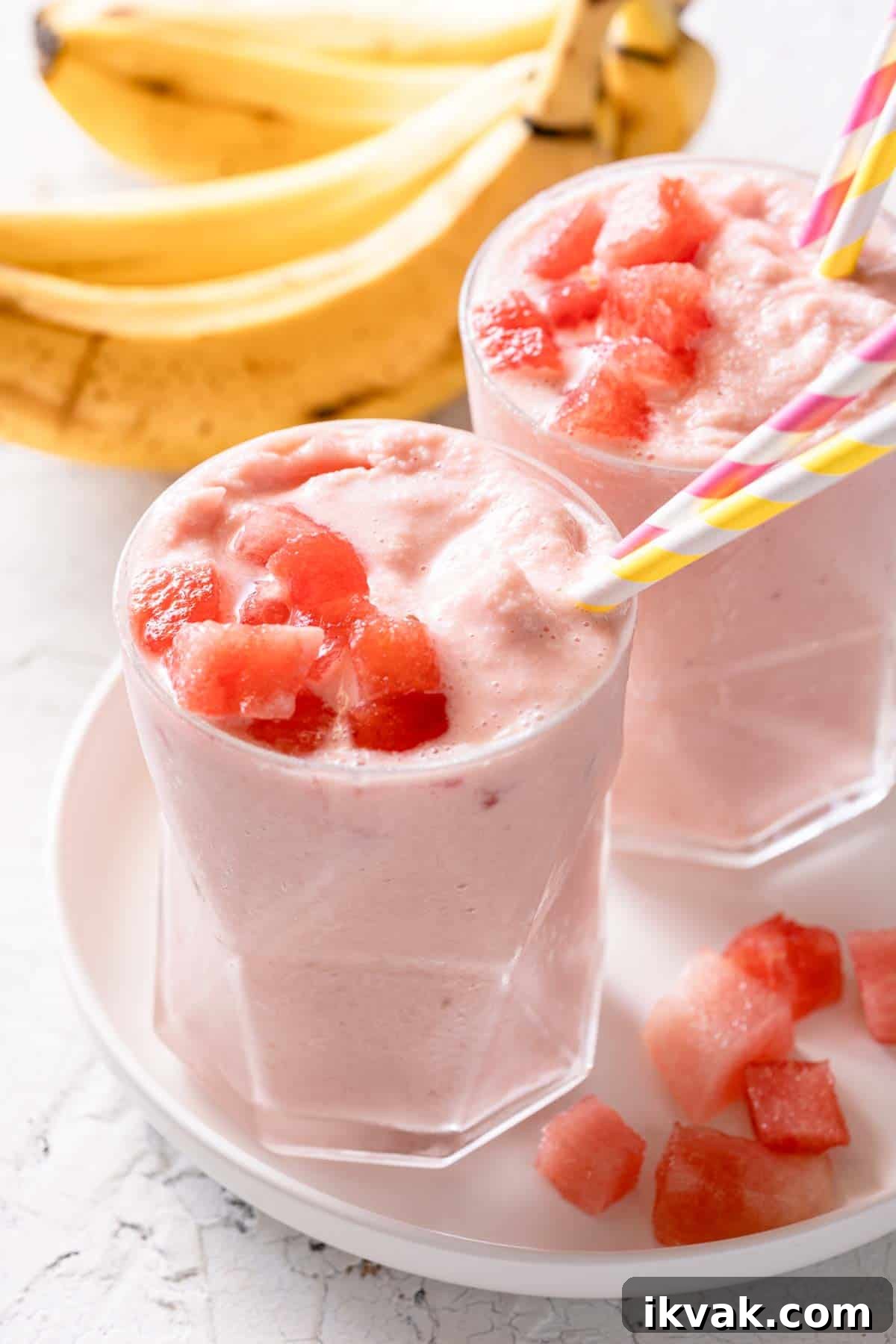 Creamy Banana and Watermelon Smoothie Recipe 2 two banana watermelon smoothies on white plate