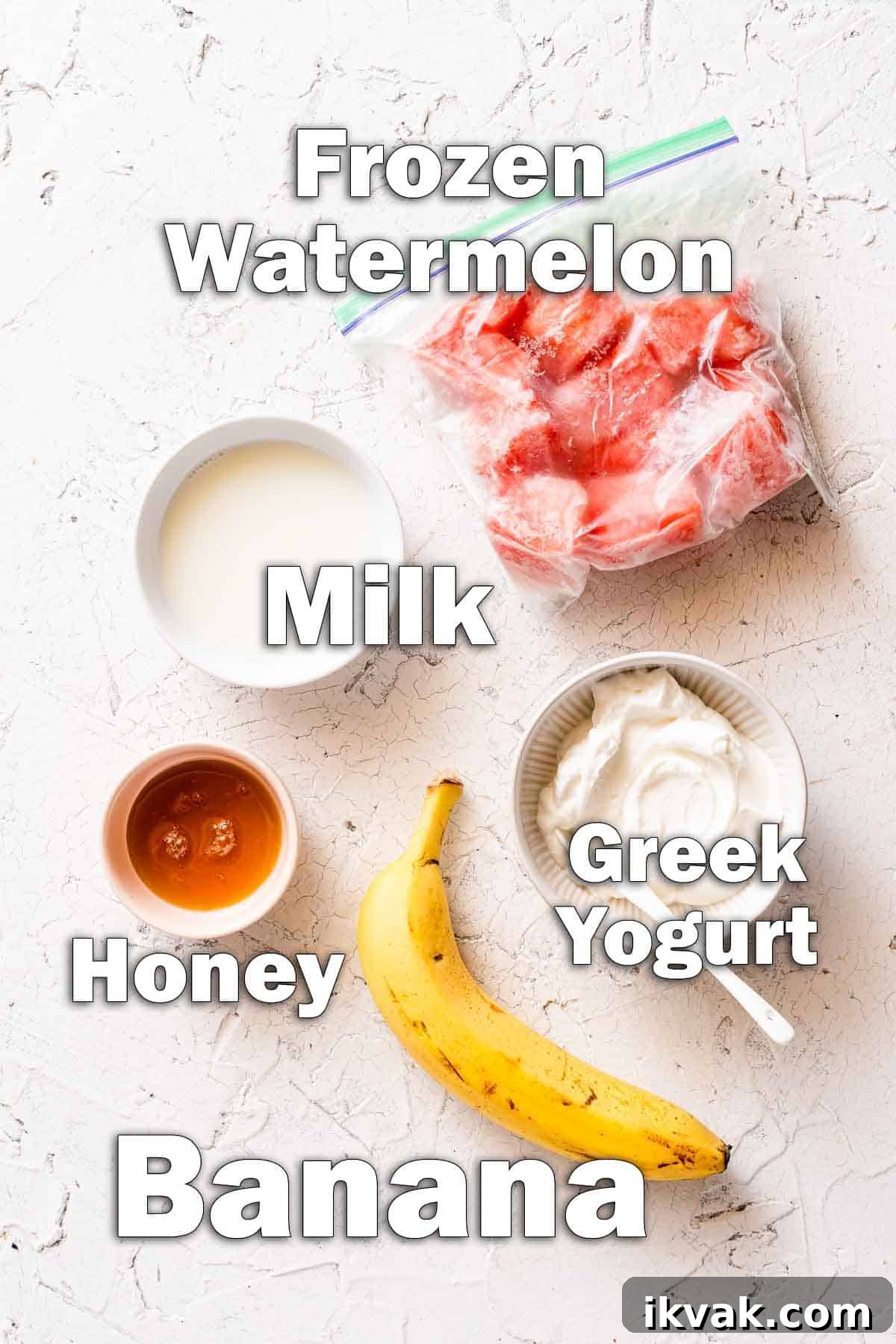 Creamy Banana and Watermelon Smoothie Recipe 3 ingredients for banana watermelon smoothie on white background with text labels