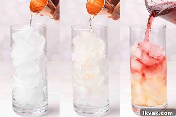 Pouring vodka, peach schnapps, and cranberry juice into a glass