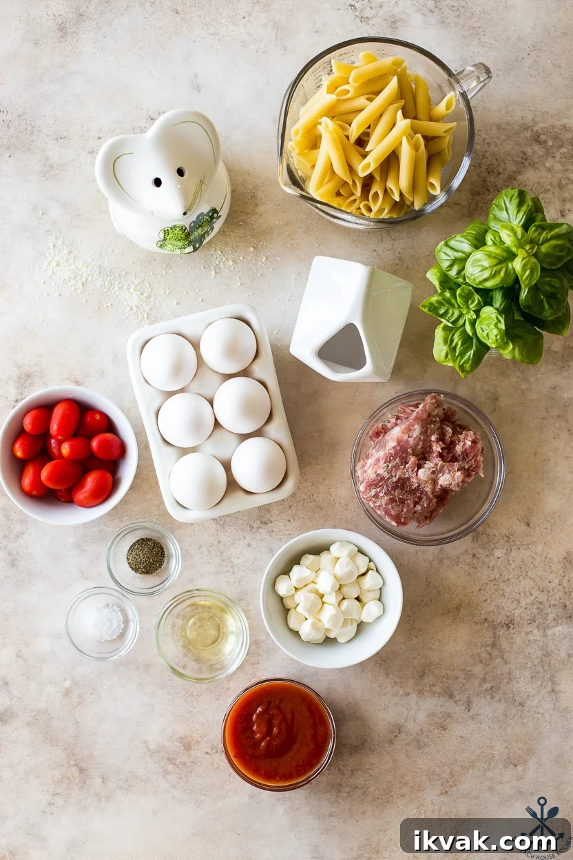 Overhead photo of ingredients for a pasta frittata
