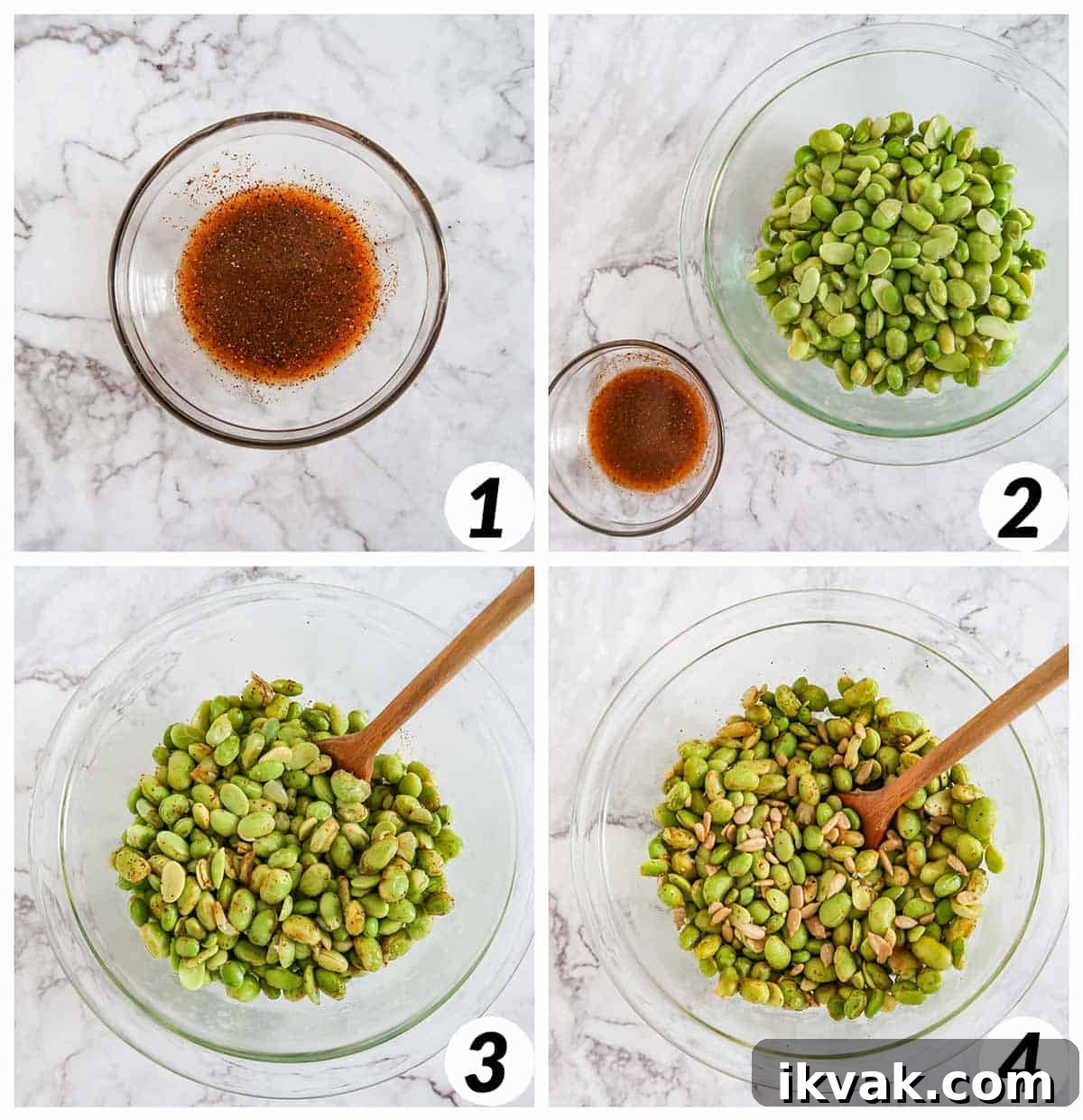 Four panel collage of process shots- mixing together ingredients for the sauce and combining with edamame and sunflower seeds.