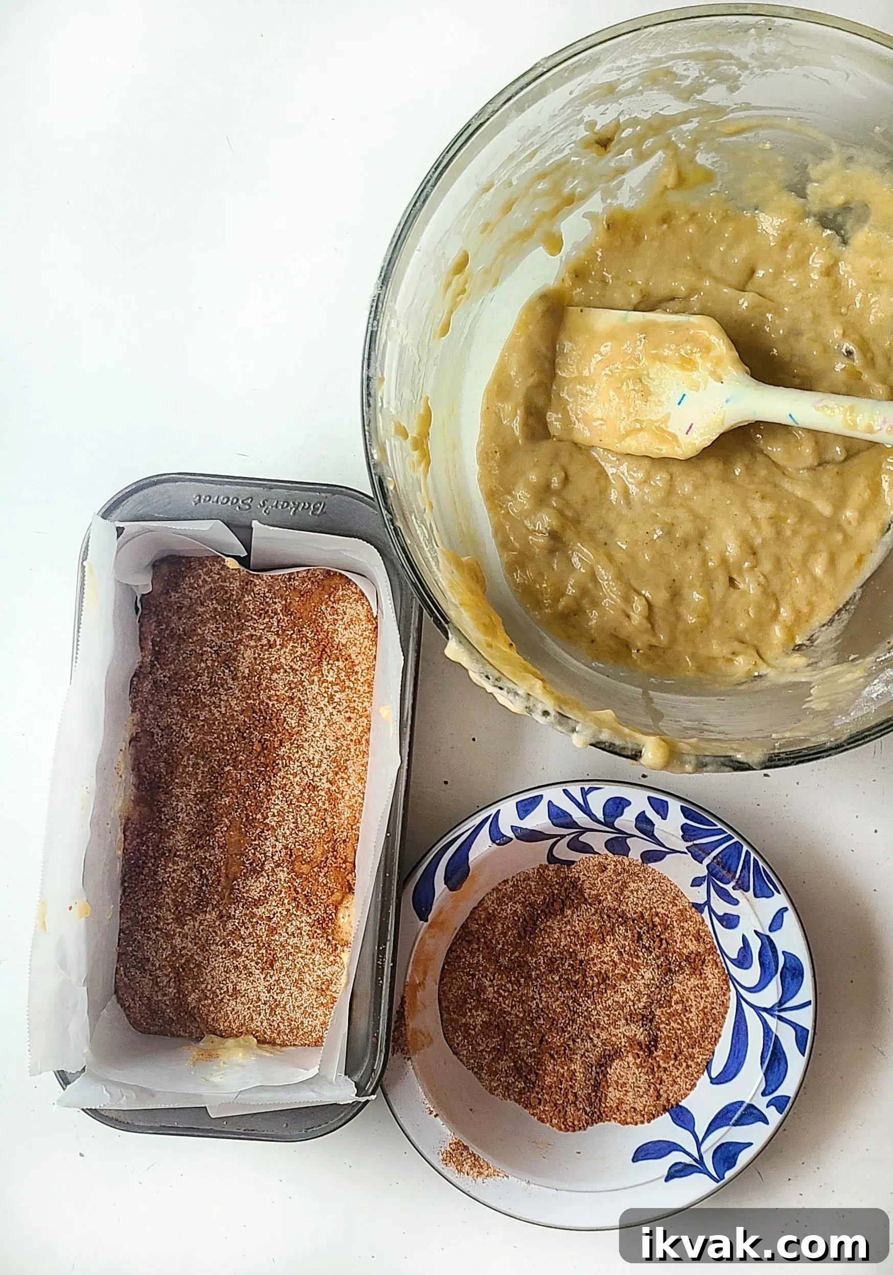 assembling the cinnamon swirl banana bread