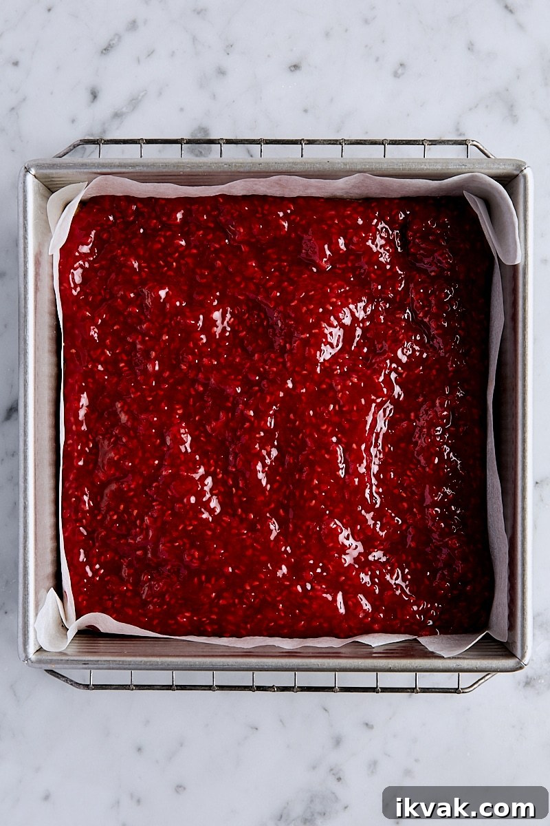 Chewy Raspberry Crumble Bars with Oat Crust 14 Raspberry filling spread over par-baked crust