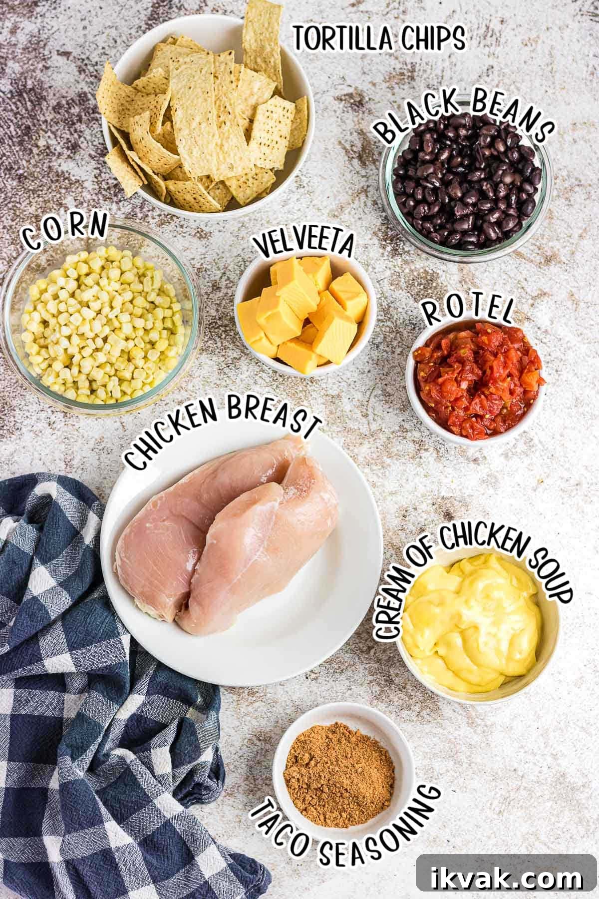 An overhead photo of the recipe ingredients on various plates and bowls.
