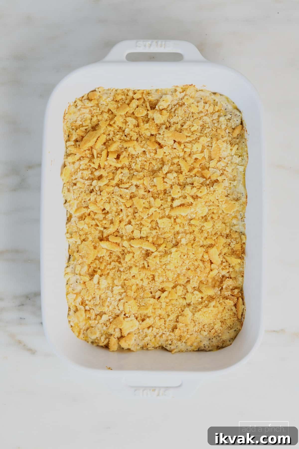 Golden brown topping after Poppy Seed Chicken Casserole has been baked.