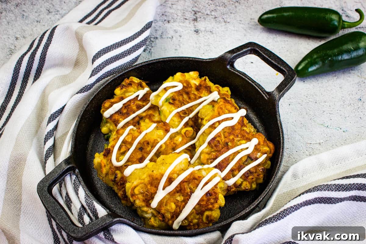 Corn fritters in a black cast iron pan.