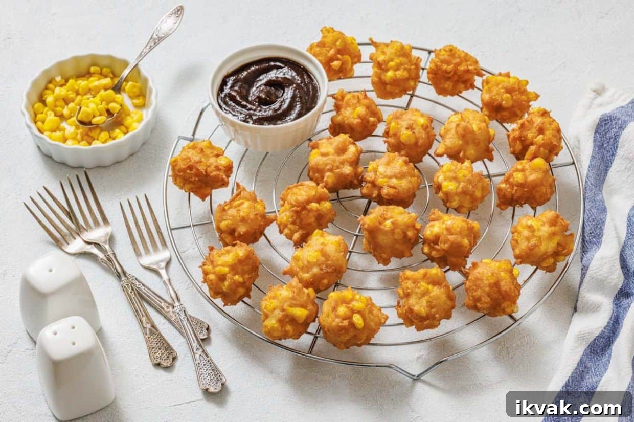 A cooling rack with corn nuggets, a bowl of dipping sauce, a bowl of corn, three forks, a spoon, and salt and pepper shakers on a light surface.