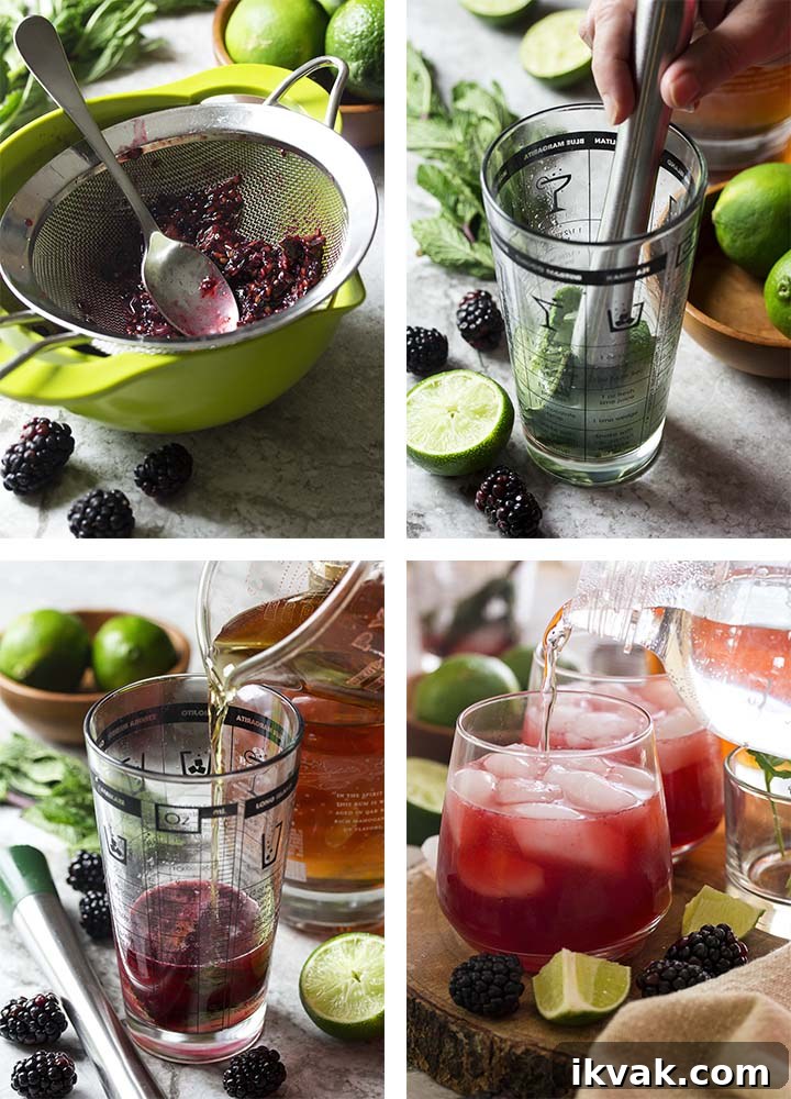 Blackberry Mojito Recipe: A Refreshing Summer Cocktail Guide 4 Step by step photos showing how to make a blackberry mojito.
