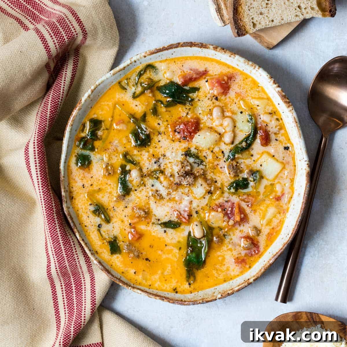 bowl of creamy tuscan white bean soup with spoon and kitchen towel