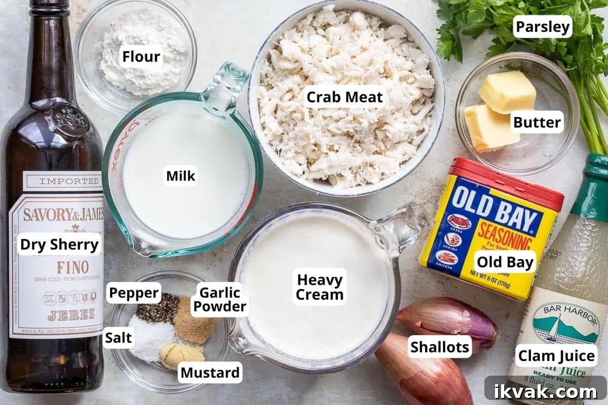 Classic Maryland Cream of Crab Soup Recipe 3 dry sherry, milk, flour, heavy cream, pepper, salt, garlic powder, mustard, crabmeat, old bay seasoning, shallots, butter, parsley, and clam juice.