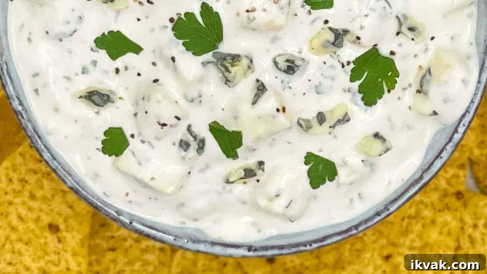 25 Creative Ways to Use Dip Recipes Beyond the Bowl 15 Blue cheese dressing in a serving bowl, you can see chunks of cheese and parsley.