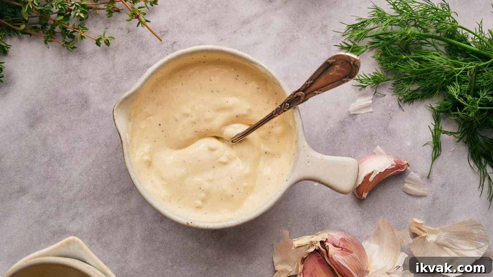 25 Creative Ways to Use Dip Recipes Beyond the Bowl 17 Garlic aioli in a mixing bowl with a spoon in it, garlic cloves, and dill around it.