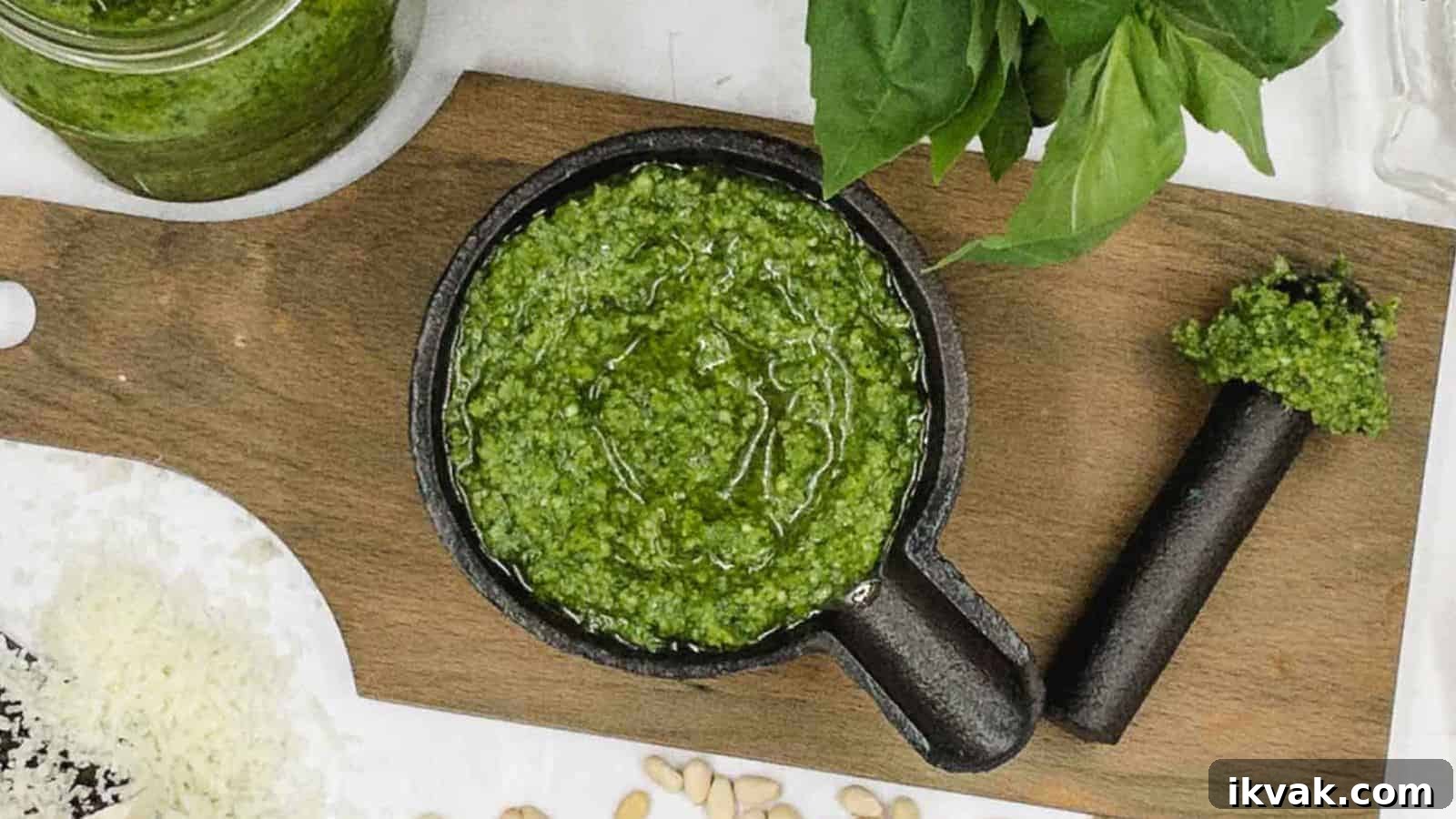25 Creative Ways to Use Dip Recipes Beyond the Bowl 20 Homemade pesto in a cast iron dish with nuts and basil around it.