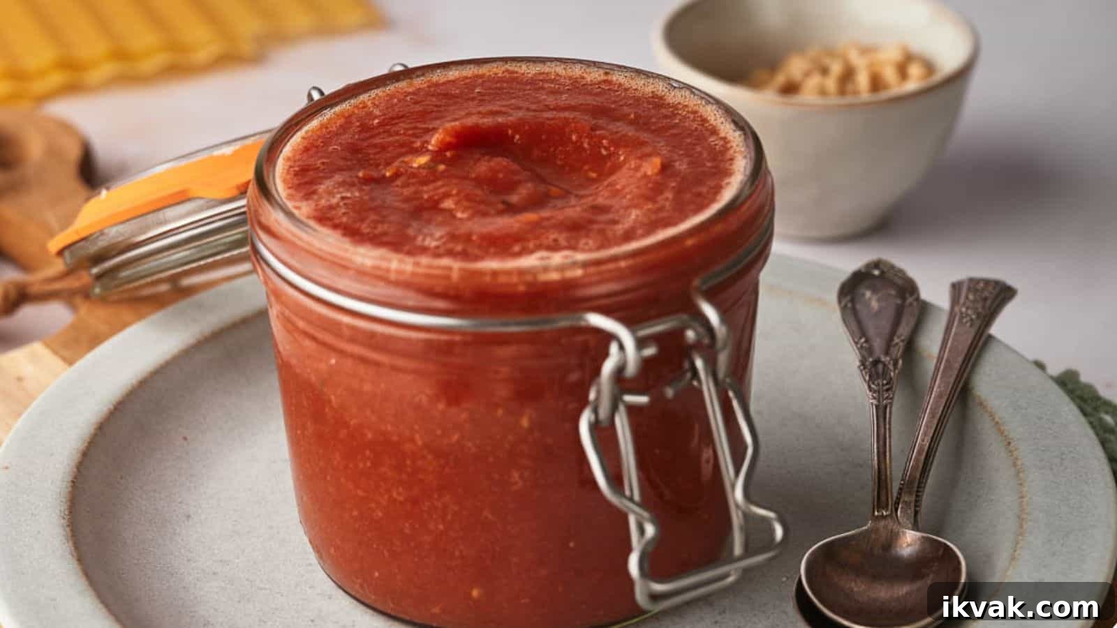 25 Creative Ways to Use Dip Recipes Beyond the Bowl 22 A glass jar filled with tomato sauce sits on a plate. Two spoons are beside it. A small bowl is in the background, slightly out of focus.