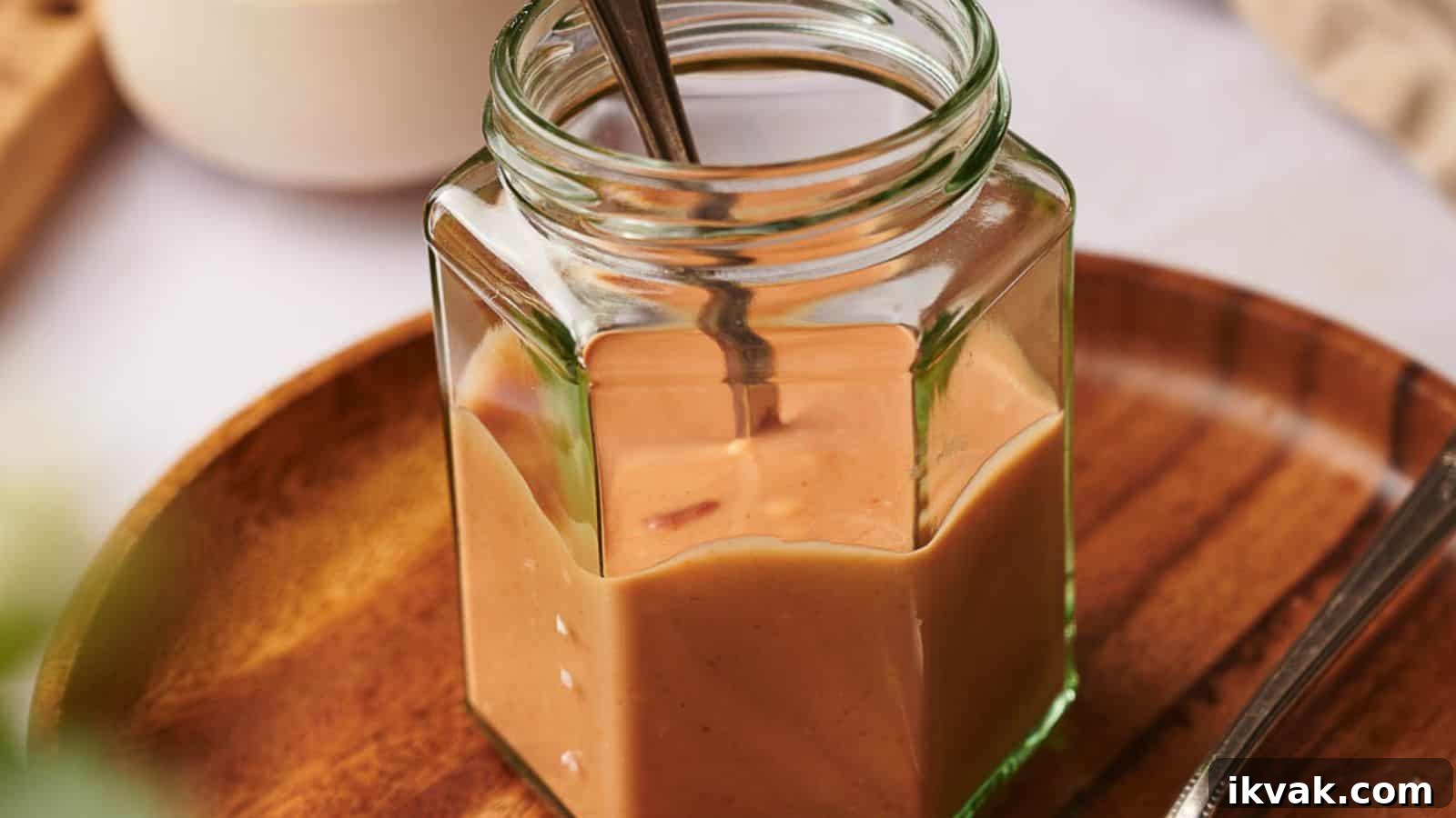 25 Creative Ways to Use Dip Recipes Beyond the Bowl 9 A hexagonal glass jar filled with creamy peanut butter sits on a wooden tray, with a metal spoon inside.