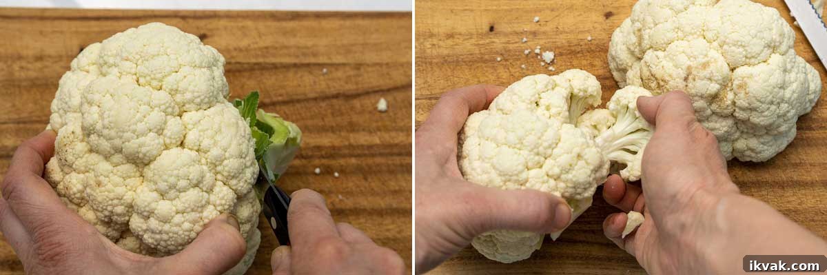 Duo of overhead images showing someone's hand chopping the stalk off a head of cauliflower on a wooden board, and breaking florets off.
