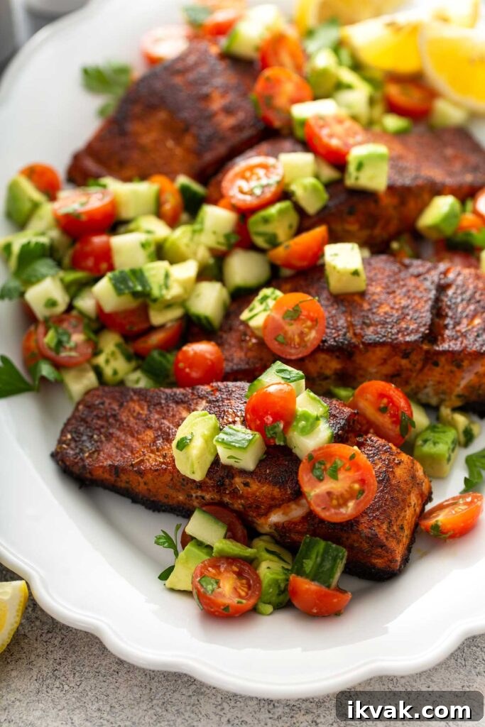 Blackened Salmon Recipe: Quick Cajun-Style Pan-Seared Fillets 2 Blackened salmon fillets served on a white platter topped with avocado, tomatoes and cucumber salad