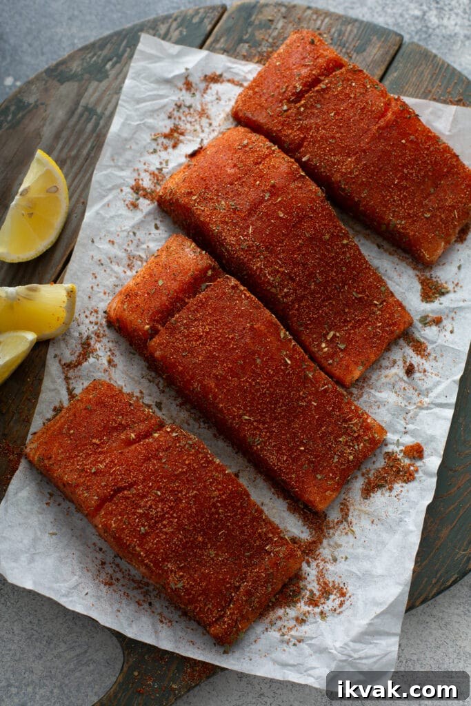Blackened Salmon Recipe: Quick Cajun-Style Pan-Seared Fillets 9 Fillets of salmon seasoned with blackening spice mix on a piece of parchment paper.