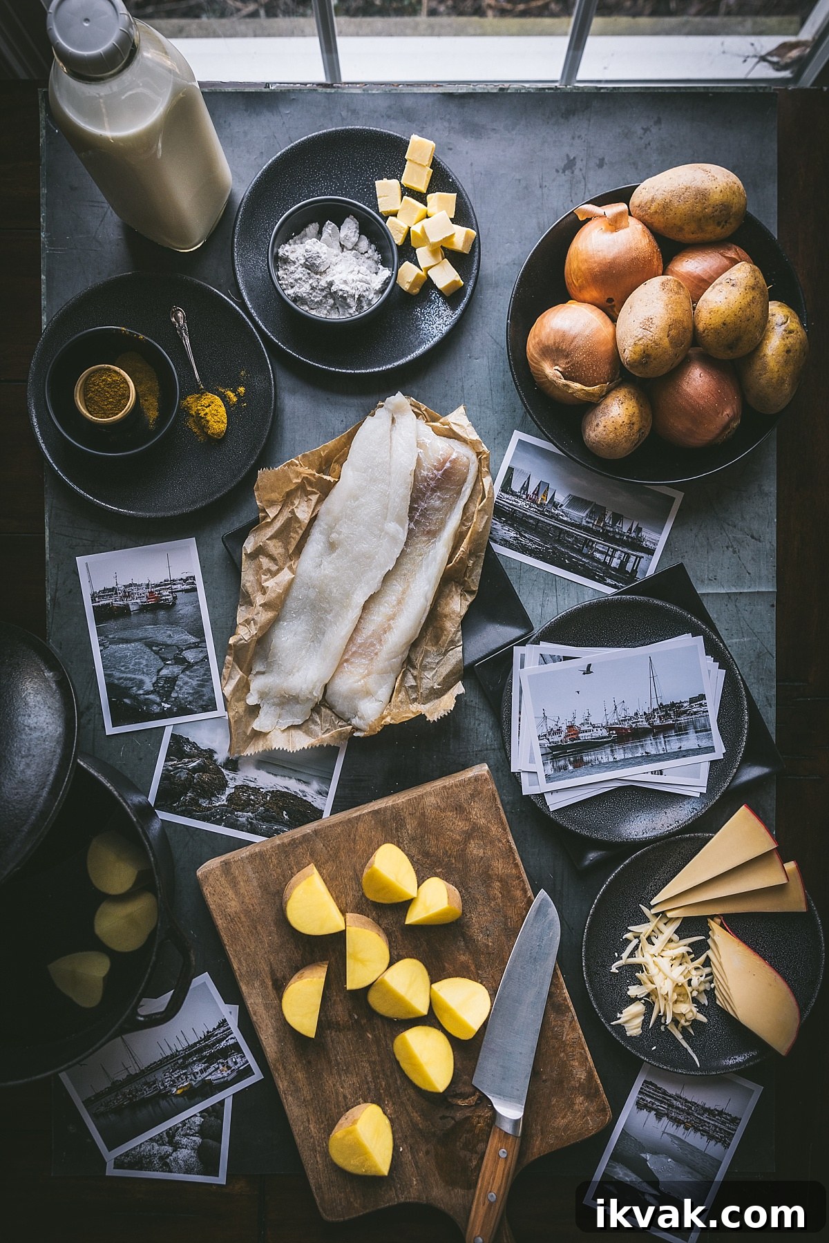 Plokkfiskur: Classic Icelandic Potato and Fish Stew 4 overhead shot of ingredients for plokkfiskur - icelandic cod, gold potatoes, yellow onions, mild cheese, flour, and butter