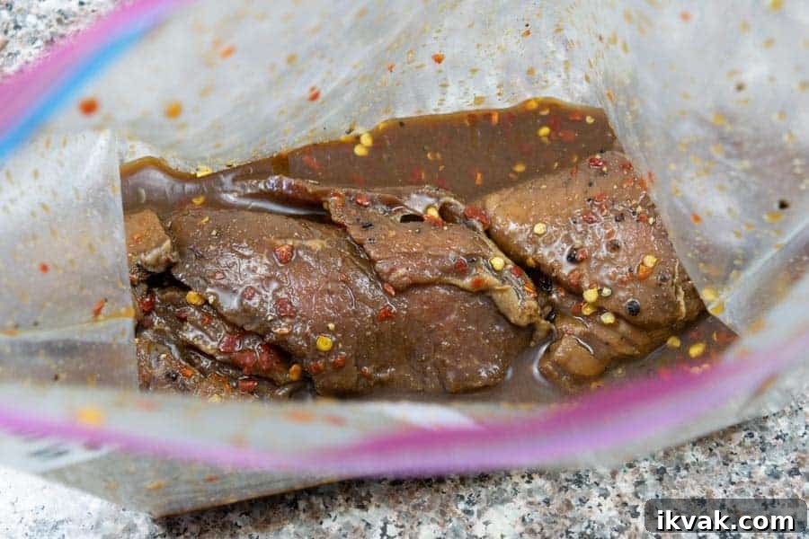 Spicy Sweet Beef Jerky marinating in zip lock bag