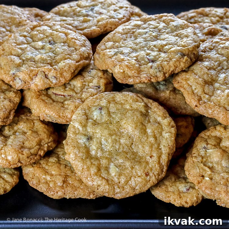 Close up of platter of cookies; Chocolate Chip Almond Joy Cookies © 2018 Jane Bonacci, The Heritage Cook