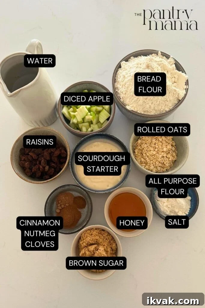 Apple Crisp Sourdough Loaf 4 Flat lay of ingredients necessary to make sourdough apple crisp loaf.