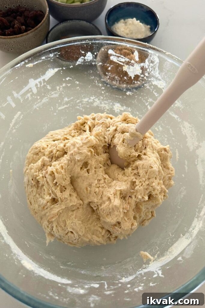 Apple Crisp Sourdough Loaf 5 A bowl of sourdough where it has just been brought together into a dry dough with rolled oats.