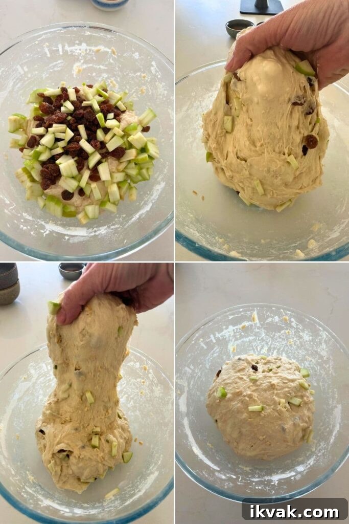 Apple Crisp Sourdough Loaf 6 4 process photos showing how to add the diced apples and raisins to make sourdough apple crisp bread.