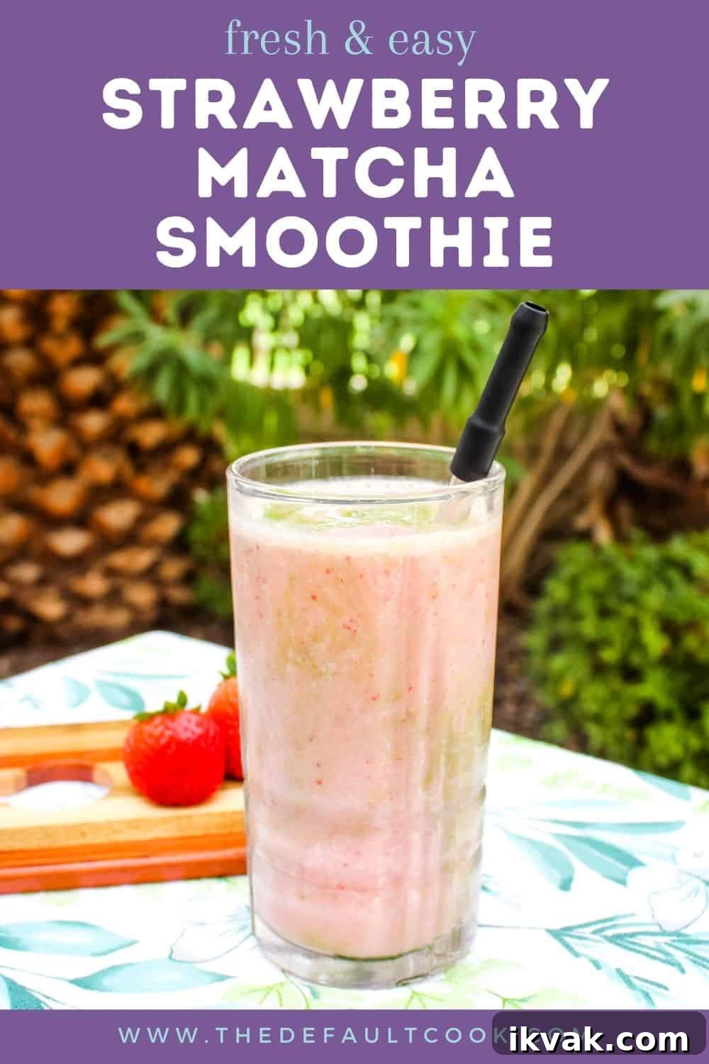 Creamy Strawberry Matcha Smoothie Recipe 5 Pin with text "fresh and easy strawberry matcha smoothie" with photo of one on a table outside.