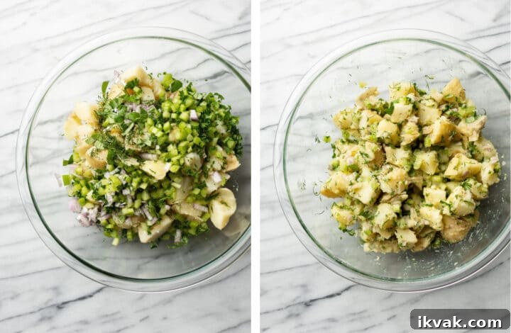No-Mayo Potato Salad with Tangy Herb Dressing 3 adding ingredients for potato salad with a vinaigrette to a glass mixing bowl