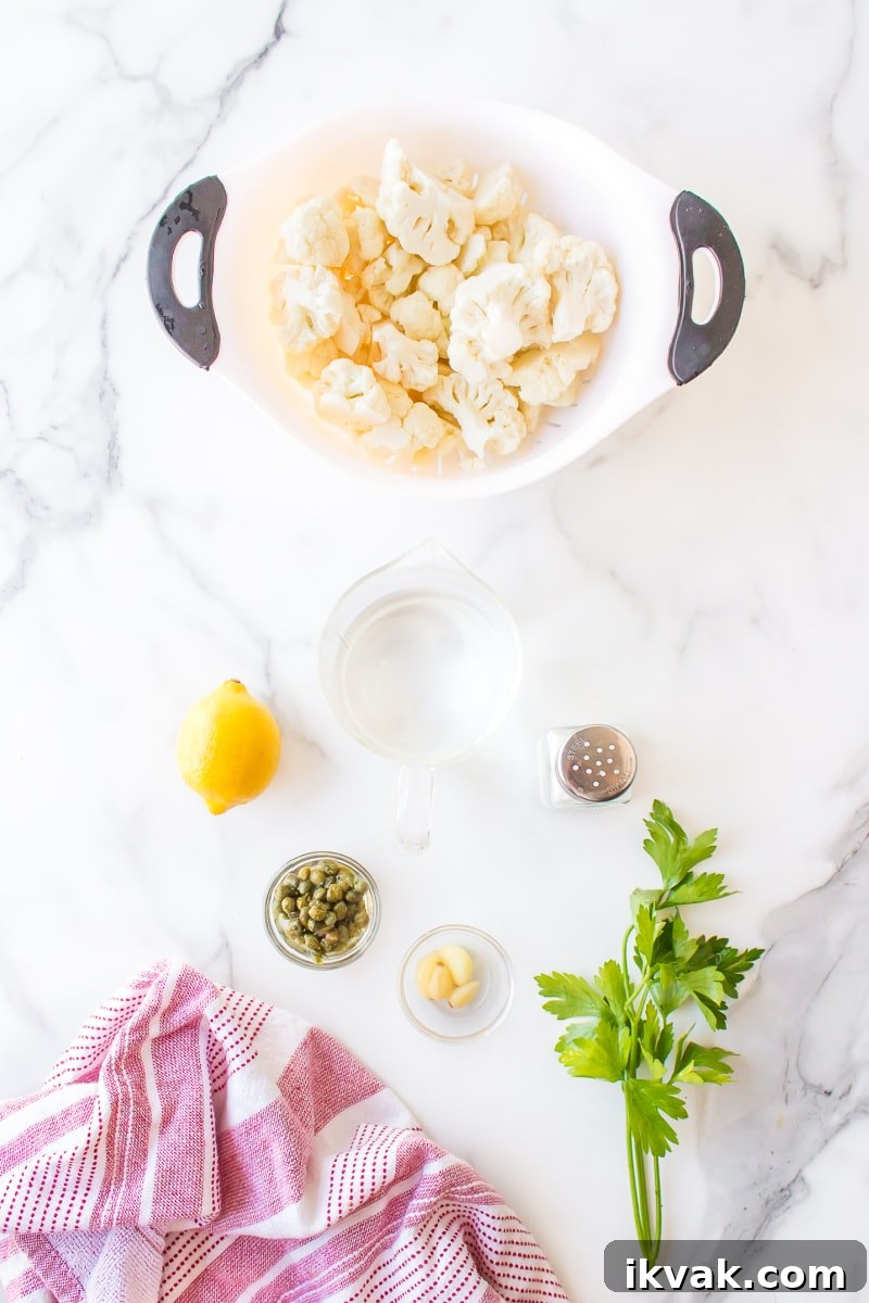 Ingredients for Cauliflower with Capers ingredients displayed for making cauliflower with capers