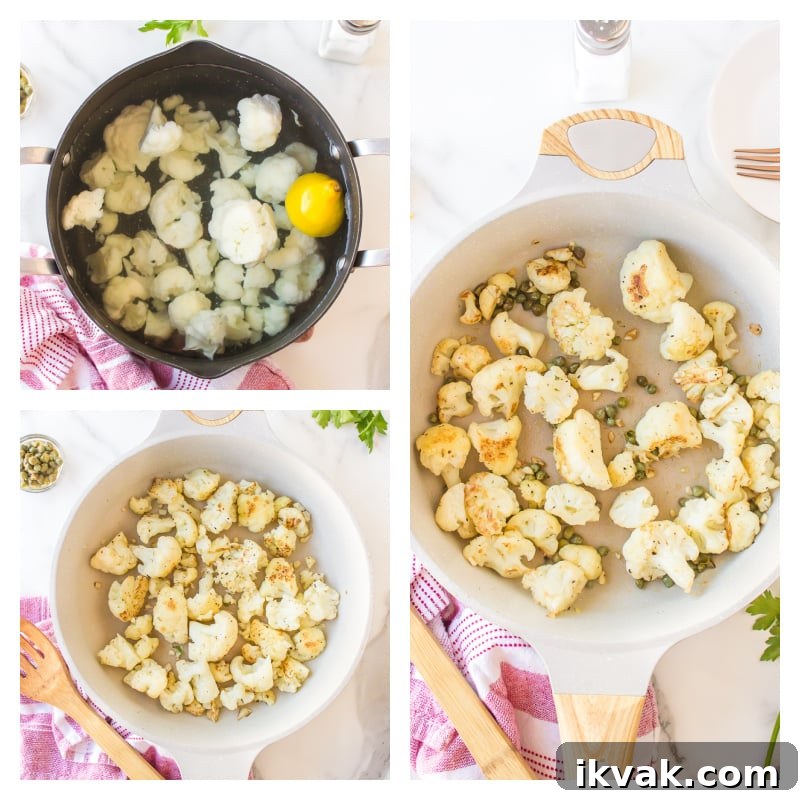 Step photos for Cauliflower with Capers three photos showing how to make cauliflower with capers