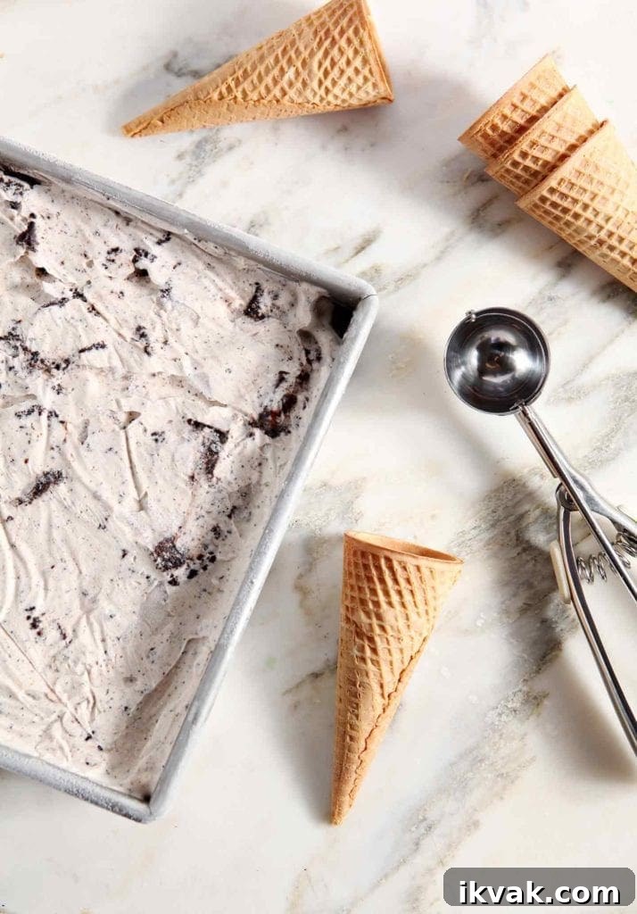 No Churn Fudge Brownie Ice Cream Recipe 3 Frozen ice cream is shown with an ice cream scoop and cones