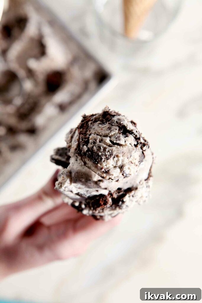 No Churn Fudge Brownie Ice Cream Recipe 8 A woman holds a cone of No Churn Guinness Brownie Ice Cream
