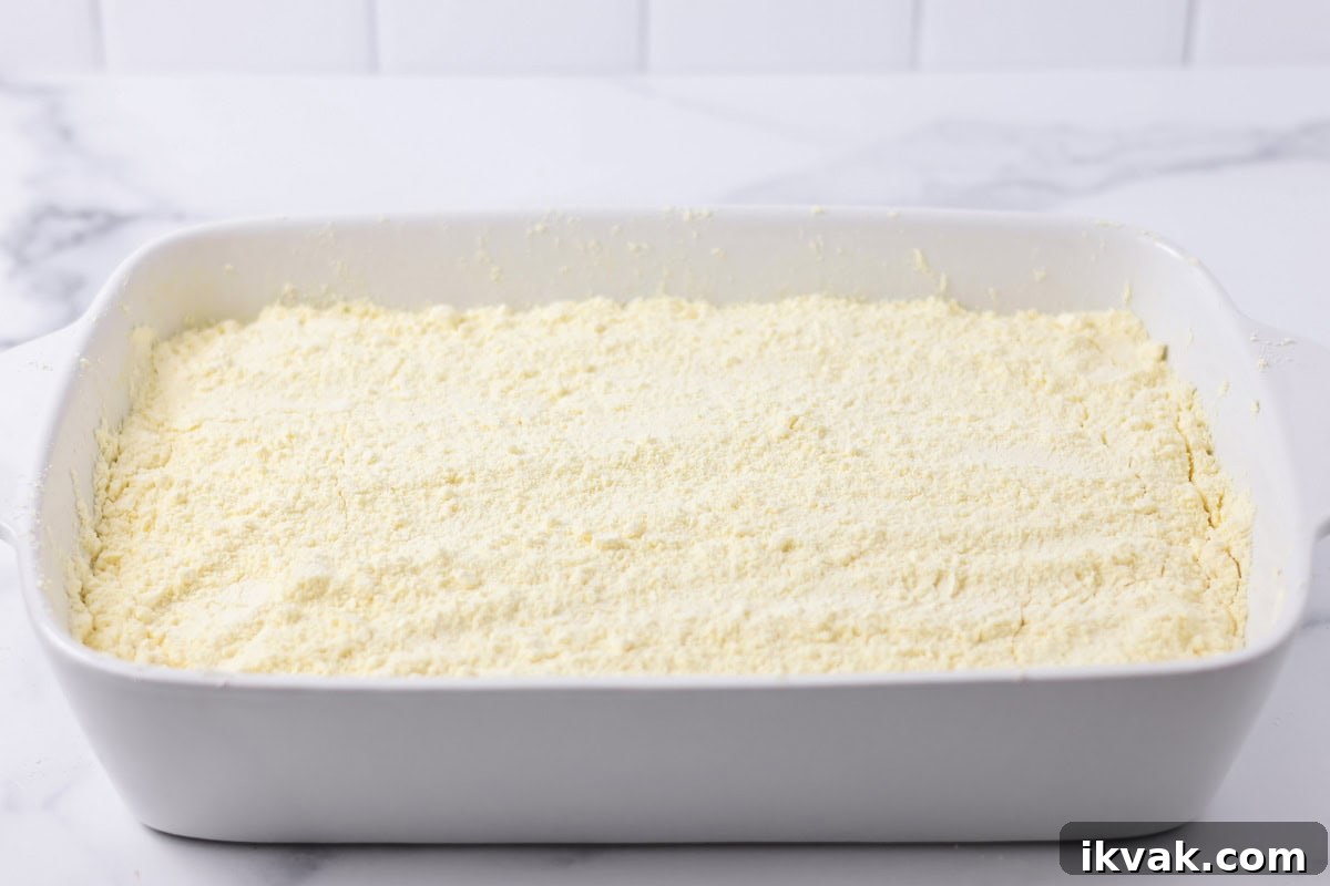 Cake mix spread over pumpkin layer for pumpkin cobbler recipe.