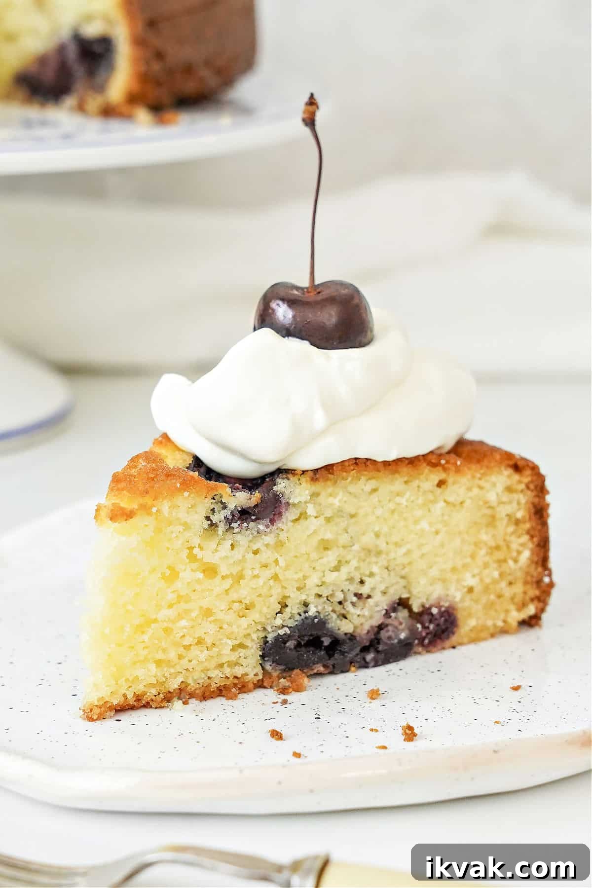 Moist Cherry Cake with Fresh Cherry Glaze 3 Cherry cake with cream dollop on a white plate. White background.