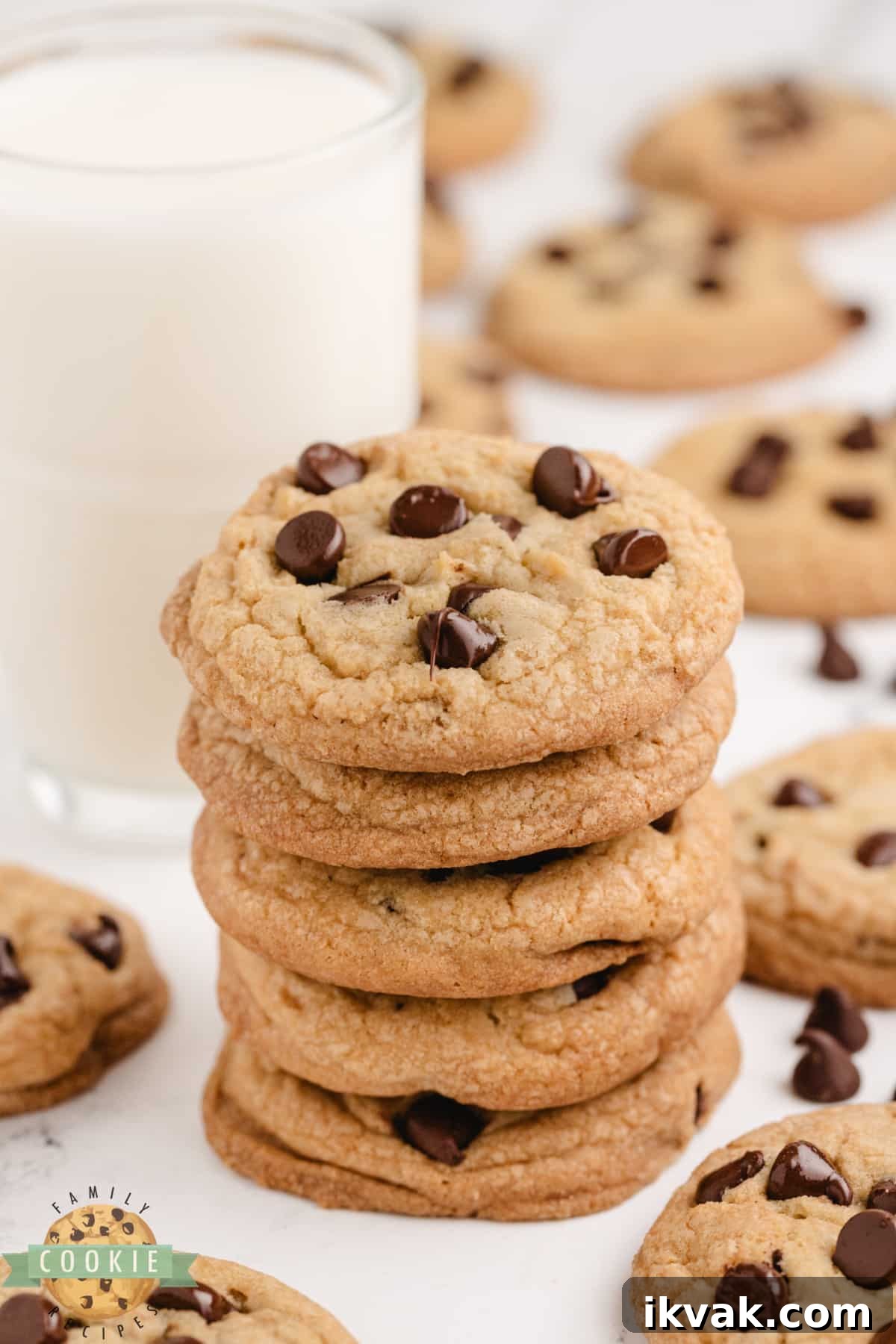 stack of chocolate chip cookies by a glass of milk