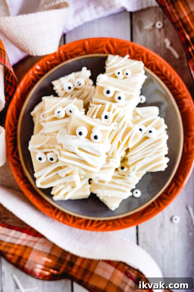Halloween Fudge Recipes: Spooky Chocolate Treats 4 Top down view of a plate of mummy fudge.