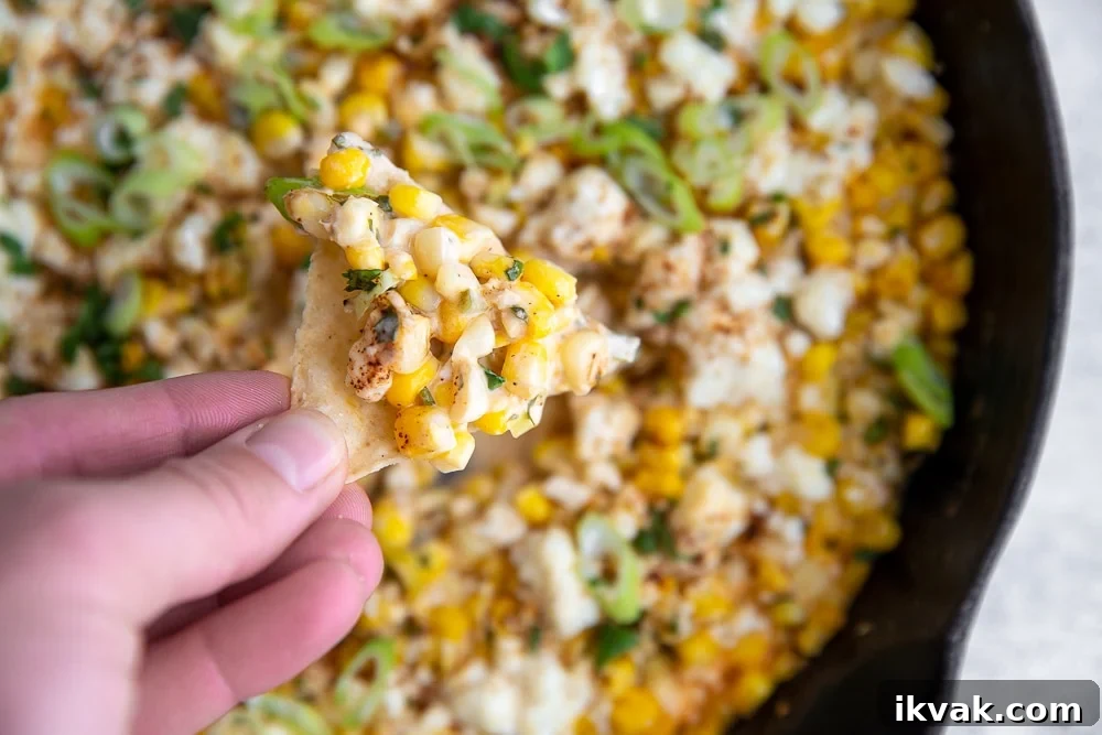Hand holding tortilla chip topped with Mexican street corn dip.