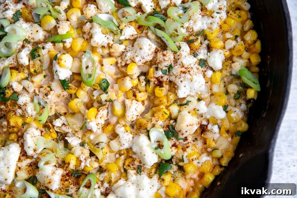 Overhead close up of elote dip.