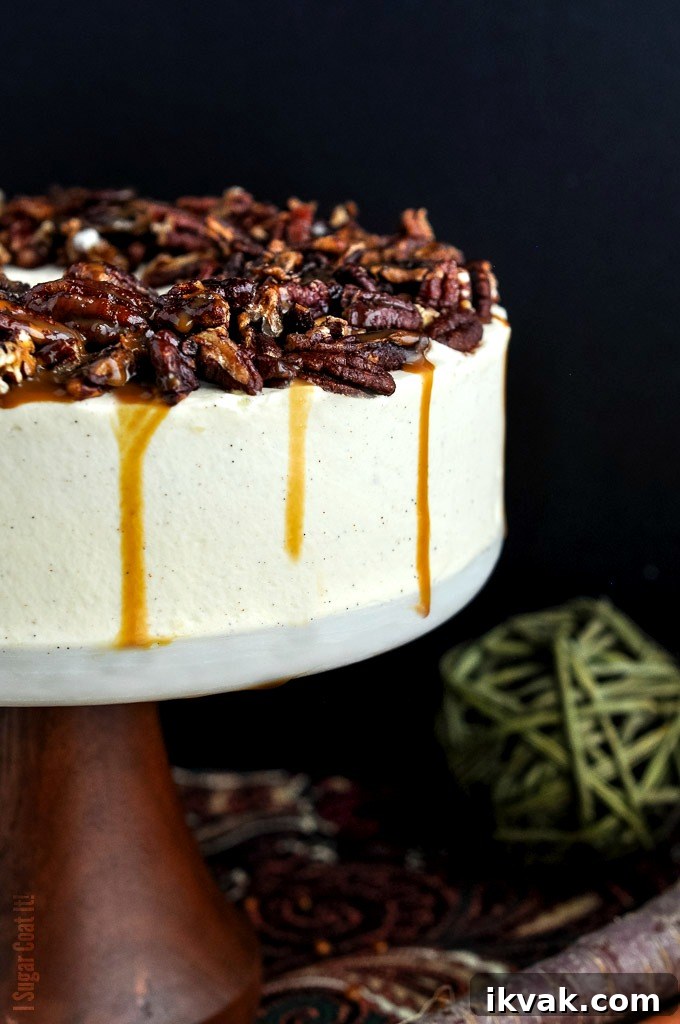 Whipped Mascarpone Browned Butter Carrot Cake with carrot caramel pecans makes a perfectly decadent centrepiece for your Thanksgiving celebration!
