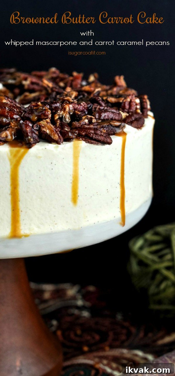 Whipped Mascarpone Browned Butter Carrot Cake with carrot caramel pecans makes a perfectly decadent centrepiece for your Thanksgiving celebration!